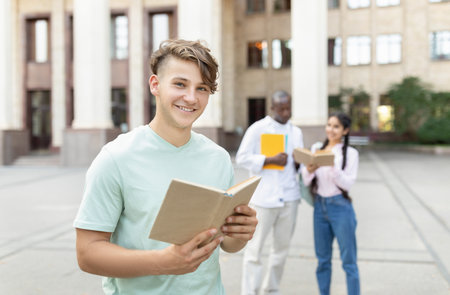Students Reading Books Together in a Courtyard on a Sunny Day, Enjoying Their Time in a Friendly Atmosphereの写真素材