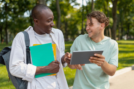 Two Friends Enjoying a Sunny Day Outdoors While Studying and Sharing Ideas With a Tablet in a Park Settingの写真素材