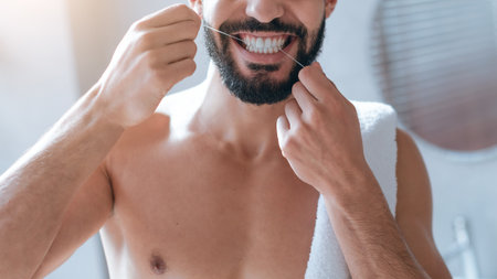 Man Practicing Good Dental Hygiene While Standing in a Bathroom With Bright Natural Lightの写真素材