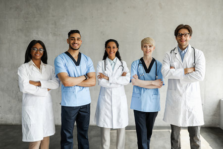 Multiracial medical team posing at clinic while having team-building
