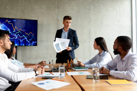 Disappointed Boss Presents Financial Reports to Workers During Corporate Meeting