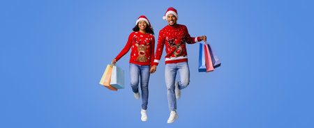 Joyful Couple Celebrating Holiday Shopping With Festive Attire and Colorful Bags