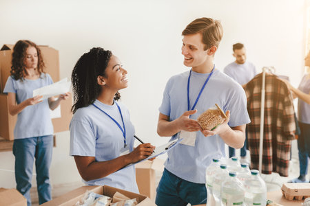 Volunteers Organize Donations at a Community Center in Afternoon Light