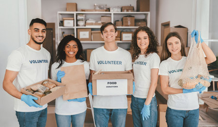 Group of Volunteers Working Together to Collect Food Donations for Local Community Support