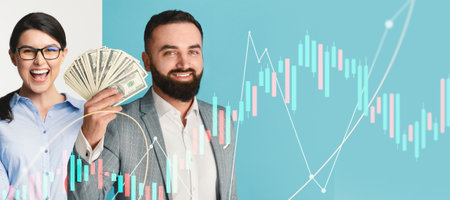 Business Professionals Showcasing Success With Money and Graphs in a Modern Office Settingの写真素材