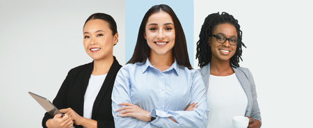 Three Business Individuals Display Confidence and Professionalism in a Collageの写真素材