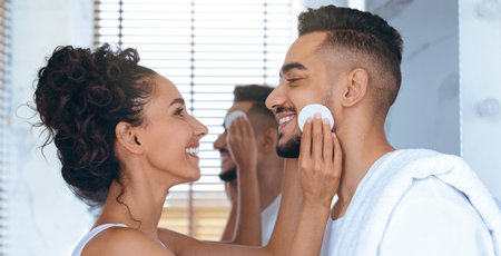 Couple Sharing a Joyful Moment While Applying Skincare Products in the Bathroomの写真素材