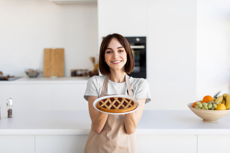 Woman Holds Freshly Baked Pie in Kitchen While Smiling With Joy and Prideの写真素材