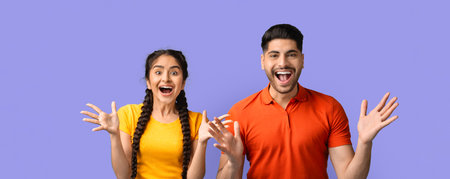 Excited Friends Celebrating With Joyful Expressions and Colorful Outfits Indoorsの写真素材