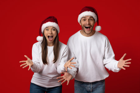 Happy Couple in Christmas Hats Celebrating With Joyful Expressions on a Red Background During Holiday Seasonの写真素材