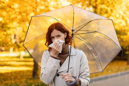 Woman With Red Hair Holding a Tissue Under a Clear Umbrella on a Rainy Autumn Day in a Park Surrounded by Yellow Leavesの写真素材