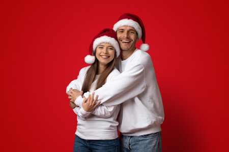 Couple Celebrates Together Wearing Festive Hats and Cozy Outfits Against a Red Backdrop in a Joyful Holiday Spiritの写真素材