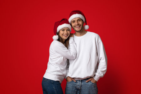Couple Celebrating Christmas Together With Festive Hats Against a Vibrant Red Backgroundの写真素材