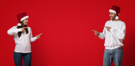 Two People Celebrate the Holiday Season Together, Wearing Festive Hats, and Pointing Joyfully in Front of a Red Backgroundの写真素材