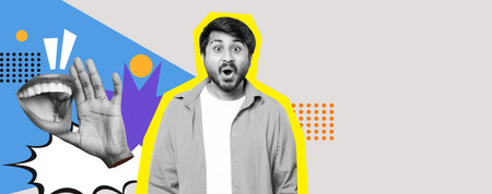 Expressive Collage With Vibrant Colors Showing Surprise and Communication in a Creative Setの写真素材