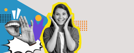 Collage of Expressive Emotions Showcasing Excitement and Engagement in a Colorful Collectionの写真素材