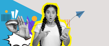 Exciting Collage of a Surprised Girl With a Smartphone in a Colorful Mosaic Designの写真素材