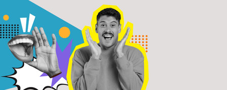 Exciting Collage Featuring a Joyful Man With Expressive Hands and Colorful Designs in the Backgroundの写真素材