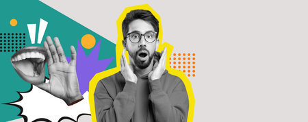 Surprised Man Reacts to Shocking News in a Vibrant Collage Setting With Colorful Graphicsの写真素材