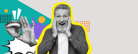 Excited Man Expressing Surprise in a Colorful Collage With Bold Shapes and Designsの写真素材