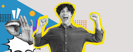 Excited Young Man Celebrating With a Joyful Expression in a Vibrant Collage Settingの写真素材