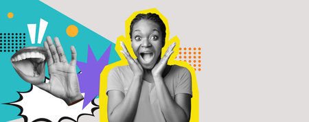 Collage of Excited Expressions and Vibrant Colors Showing Joy and Enthusiasm in a Playful Setupの写真素材