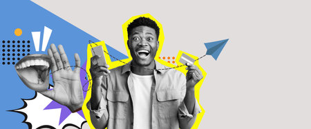 Collage of a Joyful Man Engaging With Vibrant Elements of Creativity and Expressionの写真素材