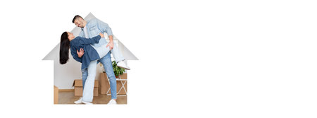 Romantic Couple Sharing a Joyful Moment Indoors While Relocating to a New Homeの写真素材