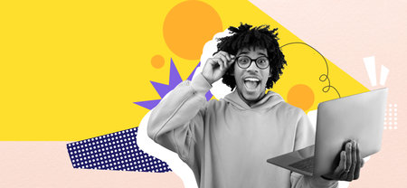 Excited Person Holding Laptop in Creative Collage Set With Colorful Design Elementsの写真素材