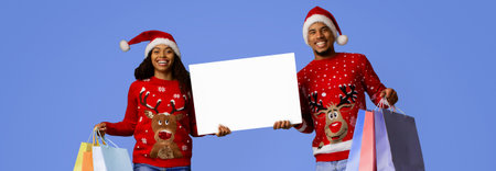 Holiday Shopping Celebration With Cheerful Couple Wearing Festive Sweatersの写真素材