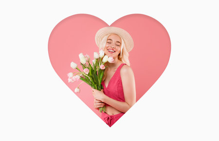 Smiling Woman Holds Fresh Flowers in Heart-Shaped Collage Background