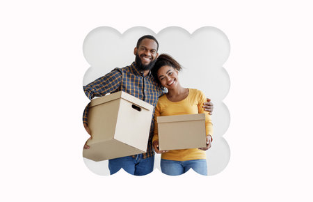 Happy Couple Holding Boxes in Cheerful Home Setting With Bright Background
