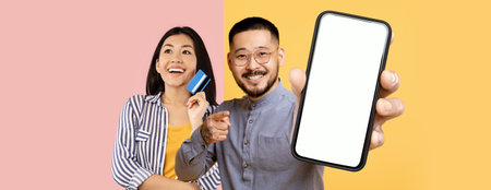 Engaging Moment Between a Man and Woman on a Colorful Set With a Smartphone and Credit Cardの写真素材