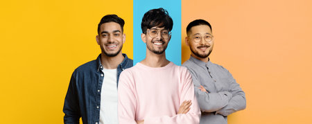 Friends Posing Together Against a Colorful Backdrop in a Bright, Cheerful Setting