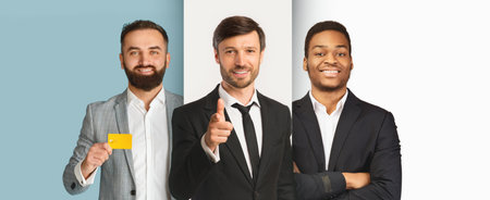 Professional Business Collage Featuring Diverse Individuals in Formal Attire and Confident Posesの写真素材