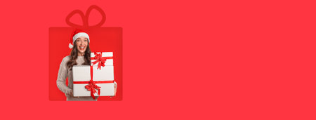 Joyful Woman Holds Festive Gifts While Wearing a Santa Hat in a Vibrant Red Setting