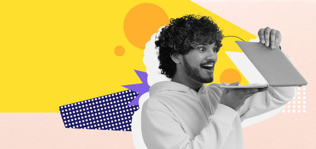Excited Person Using a Laptop in a Colorful Collage Background Full of Shapes