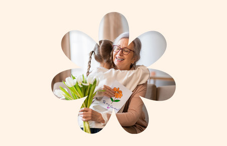 Grandchild Giving Flowers and a Heartfelt Hug to Grandmother in Cozy Home Settingの写真素材