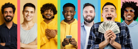 Diverse Group of Young Men Celebrate Together With Joy and Camaraderie in a Vibrant Settingの写真素材