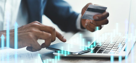 Online Payment Processing With Smartphone and Credit Card at Modern Workspaceの写真素材