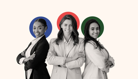Three Businesswomen Standing Confidently in a Professional Collage With Colored Backgroundsの写真素材