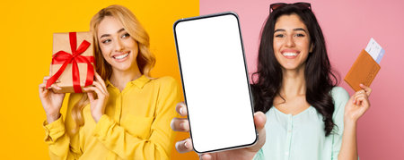 Women Celebrating With Gifts and Digital Items in a Vibrant Settingの写真素材
