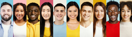Diverse Group of People Smiling Together in a Colorful Collage Setの写真素材