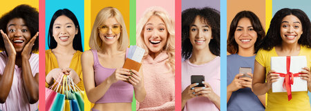 Group of Smiling People Enjoying Shopping Experience in Colorful Settingの写真素材