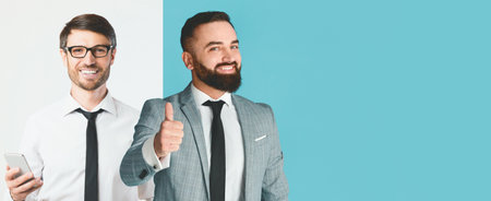 Professional Men Posing in a Modern Business Setting, Showcasing Teamwork and Confidenceの写真素材