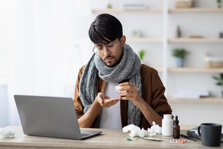 Young Man Taking Medication While Working From Home During a Cold on a Sunny Dayの写真素材