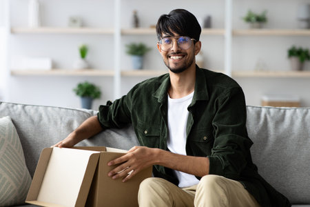 Young Man Opening a Cardboard Box While Sitting on a Sofa in a Cozy Living Room During the Day