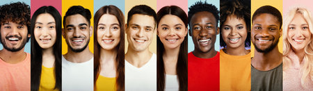 Diverse Group of Smiling People in Colorful Collage Showcasing Joy and Friendliness