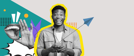 Collage Showcasing a Cheerful Man Using His Phone With Playful Graphic Elements Around Him