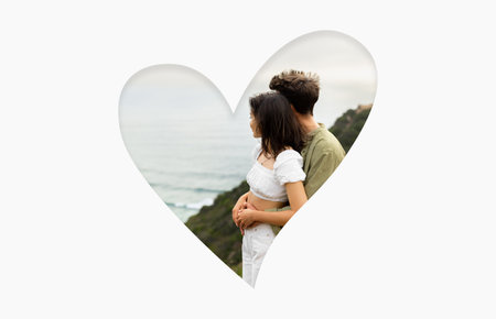 Couple Enjoying a Romantic Moment by the Seaside in a Heart-Shaped Collageの写真素材